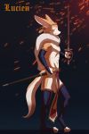  absurd_res balls canid canine circlet cloak clothing feathers fencing fennec fox fur half_naked hi_res kzlion legwear loincloth lucien(character) male mammal medieval melee_weapon simple_background solo sparkles stockings sword trinkets weapon 