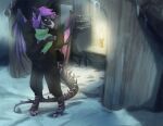 4_fingers 4_toes anthro black_body blue_eyes building claws clothed clothing detailed_background dragon feet female fingers footprint furniture hair hi_res horn ice lamp light looking_back purple_hair raimia scarf shelve skulldog_(artist) snow solo table toe_claws toes wings winter