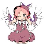  1girl animal_ears bird_ears bird_wings blush earrings grey_eyes grin highres ini_(inunabe00) jewelry looking_at_viewer mystia_lorelei one_eye_closed pink_hair short_hair single_earring smile solo touhou white_wings wings 