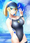  1girl absurdres ahoge artoria_pendragon_(all) aya_(user_ddya7452) baseball_cap black_swimsuit blonde_hair blue_eyes blue_headwear blue_sky breasts cloud commentary_request competition_swimsuit cowboy_shot fate/grand_order fate_(series) grin hair_through_headwear hat highres huge_filesize large_breasts looking_at_viewer mysterious_heroine_xx_(foreigner) one-piece_swimsuit ponytail sky smile solo swimsuit swimsuit_pull tan tanline whistle whistle_around_neck 