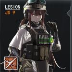  1girl alternate_costume black_gloves brown_hair character_name closed_mouth commentary_request expressionless girls&#039;_frontline gloves goggles goggles_on_headwear hair_between_eyes helmet js_9_(girls&#039;_frontline) lesion_(rainbow_six_siege) load_bearing_vest long_hair mechanical_arms parody rainbow_six_siege red_eyes sidelocks solo upper_body yitiao_er-hua 