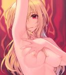  1girl :q arm_up armpits blonde_hair blurry blurry_background breasts commentary_request deep_skin depth_of_field eyebrows_visible_through_hair idolmaster idolmaster_cinderella_girls kurosaki_chitose long_hair looking_at_viewer medium_breasts nipples red_eyes sidelocks solo sunaba_suzume sweat tongue tongue_out topless upper_body 