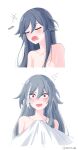  2girls artist_name blue_hair blush breasts closed_eyes completely_nude fu_hua fu_hua_(herrscher_of_sentience) grey_hair hair_between_eyes heart highres honkai_(series) honkai_impact_3rd long_hair multicolored_hair multiple_girls nude open_mouth red_eyes simple_background small_breasts streaked_hair white_background white_hair yellow_pupils yuhuria_52 