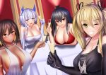  absurdres ahoge alcohol alternate_costume armlet azur_lane backless_outfit bangs bare_shoulders black_dress black_gloves black_hair blonde_hair blue_eyes blush breasts brown_eyes champagne champagne_flute cleavage cocktail_dress commentary_request crossed_bangs cup dark_skin dining_room dress drinking_glass earrings elbow_gloves eyebrows_visible_through_hair gloves green_eyes hair_between_eyes highres hornet_(azur_lane) huge_breasts illustrious_(azur_lane) jewelry kazuki9487 large_breasts long_hair looking_at_viewer multiple_girls native_american red_dress red_eyes south_dakota_(azur_lane) south_dakota_(solo_concert)_(azur_lane) strapless strapless_dress table tablecloth taihou_(azur_lane) twintails very_long_hair white_dress white_hair 