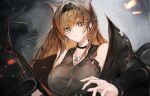  1girl absurdres animal_ears arknights blonde_hair breasts glowing glowing_eye grey_background grey_eyes grey_tank_top hairband highres horn_(arknights) jewelry large_breasts long_hair pendant talz tank_top torn_clothes wolf_ears 