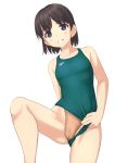 1girl absurdres black_eyes black_hair cameltoe commentary_request competition_swimsuit cowboy_shot flat_chest green_swimsuit head_tilt highres layered_swimsuit logo looking_at_viewer one-piece_swimsuit original parted_lips short_hair simple_background smile solo speedo_(company) standing swimsuit swimsuit_aside takafumi white_background 