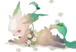  angry animal_focus bisected body_horror brown_eyes commentary flower from_side injury leaf leafeon li04r looking_at_viewer looking_back lying no_humans no_mouth on_stomach pokemon pokemon_(creature) solo sprout white_background white_flower 
