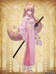  1girl animal_ears arm_at_side bag braid brown_hair copyright_name falling_petals flower flower_braid flower_ornament fox_ears fox_girl fox_tail frilled_sleeves frills full_body hair_between_eyes hair_flower hair_ornament handbag holding holding_bag japanese_clothes katana kimono lace-trimmed_shirt lace_trim long_sleeves looking_at_viewer obi oriti4 outstretched_hand pandora_party_project parted_lips petals pink_flower pink_footwear pink_kimono pinstripe_kimono purple_eyes sandals sash sheath sheathed shirt side_braids smile socks solo standing striped_clothes striped_kimono sword tabi tail weapon white_shirt white_socks wide_sleeves yellow_background zouri 