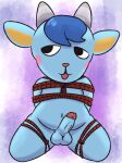 animal_crossing anthro balls bdsm blue_body blue_fur blue_hair blush bondage bound bovid caprine fur genitals goat grey_horn hair hi_res horn male mammal mincheeto nintendo open_mouth penis restraints rope rope_bondage sherb_(animal_crossing) solo striped_horn stripes yellow_inner_ear