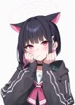  1girl animal_ears ayeon_chan black_hair black_jacket blue_archive blush cat_ears colored_inner_hair extra_ears hair_ornament hairclip halo highres hood hood_down hooded_jacket jacket kazusa_(blue_archive) long_sleeves looking_at_viewer mouth_hold multicolored_hair pink_hair pink_halo red_eyes short_hair simple_background solo upper_body white_background 