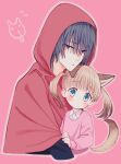  1boy 1girl age_difference animal_ears black_eyes black_hair blue_eyes blush brown_hair capelet couple cropped_torso hetero highres hood hooded_capelet light_brown_hair little_red_riding_hood looking_at_viewer multicolored_hair original pink_sweater red_capelet red_hood streaked_hair sweater tail upper_body waramugu wolf_ears wolf_girl wolf_tail 