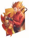  1boy adjusting_clothes adjusting_gloves beard belt black_gloves black_pants blue_eyes brown_hair facial_hair fingerless_gloves fleur-de-lis_(pokemon) gloves kusuribe long_hair long_sleeves male_focus pants pokemon pokemon_(game) pokemon_xy pyroar red_belt red_shirt shiny shiny_hair shirt signature solo spiked_hair 