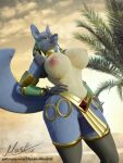 3:4 3d_(artwork) anthro blender_(software) breasts clothed clothing digital_media_(artwork) egyptian female fur generation_4_pokemon genitals hand_on_hip hi_res hiddenmask18 legwear looking_down lucario navel nintendo nude partially_clothed pokemon pokemon_(species) pussy solo stockings text url