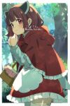  1girl ahoge apron artist_name blunt_bangs blurry blurry_background blush border brown_hair cloak commentary_request cone_huraku cosplay cowboy_shot dappled_sunlight day dress forest from_side headgear hood hood_down hooded_cloak little_red_riding_hood little_red_riding_hood_(grimm) little_red_riding_hood_(grimm)_(cosplay) long_sleeves looking_to_the_side medium_hair nature nervous outdoors outside_border picnic_basket red_cloak red_dress red_eyes short_dress solo sunlight sweat thighhighs touhoku_kiritan twitter_username voiceroid watermark white_apron white_border white_thighhighs 