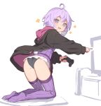  1girl ahoge ass black_jacket black_panties blush controller dress game_controller highres holding holding_controller holding_game_controller jacket kneeling long_sleeves looking_at_viewer open_clothes open_jacket open_mouth panties purple_dress purple_eyes purple_hair purple_thighhighs short_hair_with_long_locks simple_background smile solo thighhighs underwear voiceroid white_background yamamomo_(plank) yuzuki_yukari 