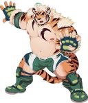  2019 anthro belly blue_eyes bottomwear clothing felid hombretigre humanoid_hands male mammal moobs navel nipples overweight overweight_male pantherine shorts simple_background solo teeth tiger tiger_est tokyo_afterschool_summoners video_games white_background 