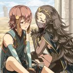  1boy 1girl black_gloves black_legwear blue_kimono blue_sleeves bodysuit breasts brown_eyes brown_hair cleavage curly_hair day detached_sleeves elbow_gloves fire_emblem fire_emblem_if gloves hands_together interlocked_fingers japanese_clothes kimono long_hair long_sleeves mask mooncanopy nyx_(fire_emblem_if) open_mouth outdoors print_sleeves see-through shiny shiny_hair sleeveless sleeveless_kimono small_breasts thighhighs tsukuyomi_(fire_emblem_if) very_long_hair 