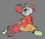 anthro clothing clown female grey_background mammal mouse murid murine panties question_mark rodent simple_background solo soulcentinel underwear wardrobe_malfunction