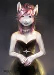  2018 anthro clothed clothing cynthia_the_mouse digital_media_(artwork) female fralea hair jewelry looking_at_viewer mammal mouse murid murine necklace pearl_necklace pink_eyes pink_hair pink_nose portrait rodent simple_background smile solo standing whiskers 