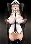  1boy 1girl armpits arms_behind_head arms_up azur_lane bangs between_breasts black_coat black_legwear black_neckwear breast_grab breasts breath cleavage commentary_request enterprise_(azur_lane) eyebrows_visible_through_hair grabbing grabbing_from_behind hair_between_eyes hair_strand half-closed_eyes hat heart heart-shaped_pupils heavy_breathing highleg highleg_panties highres huge_breasts long_hair looking_at_viewer messy_hair necktie necktie_between_breasts nipple_pull no_pants open_mouth panties peaked_cap pubic_hair pubic_hair_peek purple_eyes saliva saliva_trail shiny shiny_skin shirt silver_hair sleeveless sleeveless_shirt solo_focus standing sweat symbol-shaped_pupils thigh_gap thighhighs tongue tongue_out underwear very_long_hair wet wet_clothes wet_panties white_panties white_shirt zerogura 