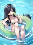  1girl absurdres aria_wintermint black_hair breasts cleavage floating food green_eyes gug hair_over_one_eye highres medium_breasts paid_reward parororo patreon_reward pool popsicle smile solo sweat the_crawling_city thighs water wet 