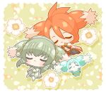  3boys :3 border chibi closed_eyes closed_mouth crossed_arms flower from_above gold_trim green_background green_hair hair_between_eyes highres ion_(tales) jacket lorelei_0314 luke_fon_fabre lying male_focus mieu_(tales) multiple_boys on_back red_hair tales_of_(series) tales_of_the_abyss white_border white_flower white_jacket 
