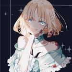  1girl :d bare_shoulders black_background blonde_hair blood blood_on_face bloody_clothes bloody_hair blue_dress blue_eyes chest_tattoo collar collarbone command_spell commentary_request detached_collar dress fate/prototype fate_(series) frilled_collar frilled_dress frills hand_on_own_cheek highres off-shoulder_dress off_shoulder open_mouth rdbka_00 sajou_manaka shade short_hair simple_background smile solo sparkle tattoo upper_body 