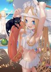  2girls abigail_williams_(fate) abigail_williams_(swimsuit_foreigner)_(fate) abigail_williams_(swimsuit_foreigner)_(third_ascension)_(fate) absurdres ass bare_shoulders beach bikini blonde_hair blue_eyes blush bonnet bow breasts cat closed_eyes fate/grand_order fate_(series) food forehead fruit hair_bow highres innertube long_hair looking_at_viewer miniskirt multiple_girls open_mouth parted_bangs paul_bunyan_(fate) shiro_ami short_hair sidelocks skirt small_breasts smile swim_ring swimsuit thighs twintails very_long_hair watermelon white_bikini white_bow white_headwear 