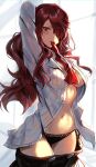  1girl absurdres adamosina black_panties blush breasts hair_over_one_eye highres kirijou_mitsuru long_hair looking_at_viewer navel panties persona persona_3 persona_3_reload red_eyes red_hair school_uniform shirt solo sweat underwear undressing 