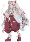  1girl bow cigarette collared_shirt fujiwara_no_mokou full_body grey_hair hair_bow highres holding holding_cigarette long_hair long_sleeves open_mouth pants red_eyes red_footwear red_pants shirt shoes simple_background sleeve_garter solo touhou tsune_(tune) white_background white_bow white_shirt 