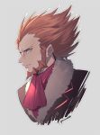  1boy beard brown_hair closed_mouth cropped_torso facial_hair fleur-de-lis_(pokemon) grey_background kusuribe long_hair male_focus pokemon pokemon_(game) pokemon_xy red_neckwear signature simple_background solo spiked_hair 