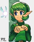  1girl absurdres artist_name belt blue_eyes closed_mouth commentary elf eyelashes fairy fairy_wings floating green_hairband hairband highres holding holding_instrument instrument kokiri navi ocarina orlek pointy_ears saria_(zelda) short_hair smile sparkle sweater the_legend_of_zelda the_legend_of_zelda:_ocarina_of_time turtleneck turtleneck_sweater wings 