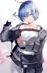  1girl absurdres arknights blue_hair commentary_request cowboy_shot gloves grey_eyes grey_jacket halo hand_up highres jacket long_sleeves pants short_hair sion_(im10042m) solo sports_bra spuria_(arknights) standing white_background white_gloves white_pants 
