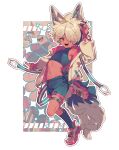  1boy animal_ears arm_up asymmetrical_legwear blonde_hair border crop_top cropped_shirt dark-skinned_male dark_skin fake_animal_ears full_body grey_shirt grey_shorts grey_socks hair_over_one_eye highres jacket leg_up long_sleeves looking_at_viewer male_focus midriff mismatched_legwear nail_polish navel one_eye_covered open_clothes open_jacket open_mouth orange_eyes original outline outside_border ozureiji shirt shoes short_hair shorts sleeveless sleeveless_shirt smile sneakers socks solo standing standing_on_one_leg tail thigh_strap tight_clothes tight_shirt turtleneck white_border white_outline zoom_layer 