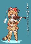  absurdres animal_ears belt bow bow_(music) bowtie brown_eyes brown_hair cat_ears cat_girl cat_tail enokeyaki extra_ears hat highres holding holding_instrument holding_violin instrument kemono_friends kemono_friends_v_project large-spotted_genet_(kemono_friends) long_hair one_eye_closed ribbon santa_hat shirt shoes skirt tail thighhighs translation_request twintails violin virtual_youtuber 
