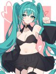  1girl absurdres ahoge blue_eyes blue_hair blush bra breasts coco_irasuto detached_collar detached_sleeves garter_straps hand_up hatsune_miku heart highres long_hair long_sleeves looking_at_viewer medium_breasts navel parted_lips pleated_skirt skirt solo thighhighs twintails underwear very_long_hair vocaloid 