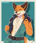 abs anthro belt brown_ears canid canine clothing epic_games fennix_(fortnite) fortnite fox hi_res looking_at_viewer male mammal opening_jacket opening_shirt shirt smile solo spikes suit teeth tofuzinn topwear yellow_eyes