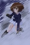  1girl absurdres action akiyama_yukari arm_support bangs black_footwear black_legwear blue_jacket blush boots brown_eyes brown_hair closed_mouth commentary_request daxz240r frown full_body girls_und_panzer highres holding_binoculars jacket long_sleeves looking_to_the_side messy_hair military military_uniform miniskirt night ooarai_military_uniform outdoors pleated_skirt short_hair skirt sliding snow socks solo standing uniform white_skirt 