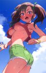  1girl bakusou_kyoudai_let&#039;s_&amp;_go!! bakusou_kyoudai_let&#039;s_&amp;_go!!_max blue_eyes blush breasts brown_hair choker cloud cloudy_sky commentary crop_top denim denim_shorts embarrassed fang from_below green_shorts large_breasts legs_together looking_at_viewer looking_down medium_hair oogami_marina open_mouth outdoors red_shirt shirt shorts sky solo standing sweat ter_(otokoter) twintails underboob wristband 