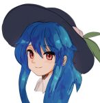  1girl black_headwear blue_hair closed_mouth collared_shirt commentary_request happy hat highres hinanawi_tenshi long_hair looking_at_viewer peach_hat_ornament plus2sf red_eyes shirt smile solo touhou very_long_hair white_shirt 