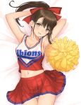  1girl armpits arms_up bed_sheet breasts brown_eyes brown_hair cheerleader cleavage collarbone commentary_request hair_ribbon long_hair looking_at_viewer lying midriff multicolored_shirt navel on_back on_bed original panties pantyshot pom_pom_(cheerleading) ponytail red_ribbon red_shirt red_skirt ribbon shirt skirt sleeveless sleeveless_shirt smile solo tony_taka underwear white_panties white_shirt 
