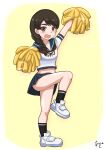  1girl akashieru artist_logo artist_name blue_sailor_collar blue_skirt brown_eyes brown_hair brown_neckerchief cheerleader full_body hair_over_shoulder highres holding holding_pom_poms kantai_collection long_hair looking_at_viewer neckerchief one-hour_drawing_challenge open_mouth pleated_skirt pom_pom_(cheerleading) sailor_collar sailor_shirt shirt short_sleeves skirt solo standing standing_on_one_leg uranami_(kancolle) white_footwear white_shirt yellow_background 