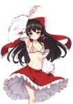  1girl ambasa ascot black_hair blush bow bra breasts cupless_bra danmaku detached_sleeves frilled_bow frilled_hair_tubes frills gohei hair_bow hair_tubes hakurei_reimu highres long_hair midriff navel ofuda ofuda_on_clothes open_mouth red_bow red_eyes red_skirt ribbon-trimmed_sleeves ribbon_trim skirt solo touhou underboob underwear yellow_ascot 