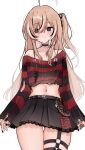  1girl @_@ absurdres ahoge belt belt_chain black_choker black_nails black_skirt black_sweater brown_eyes brown_hair choker emo_fashion hair_over_one_eye heart heart_choker highres hololive hololive_english huge_ahoge lace-trimmed_choker lace_trim long_hair meiwowowo midriff multicolored_hair nanashi_mumei nanashi_mumei_(4th_costume) navel o-ring o-ring_thigh_strap official_alternate_costume official_alternate_hairstyle one_side_up plaid plaid_skirt pleated_skirt red_sweater skirt smile streaked_hair striped_clothes striped_sweater sweater thigh_strap torn_clothes torn_sweater two-tone_sweater very_long_hair virtual_youtuber 