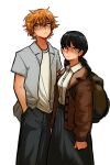  1boy 1girl backpack bag black_hair blonde_hair chainsaw_man closed_mouth collared_jacket collared_shirt denji_(chainsaw_man) hair_between_eyes hand_in_pocket jacket long_skirt long_sleeves looking_at_viewer low_twintails messy_hair mitaka_asa open_clothes open_jacket open_shirt orange_eyes shirt shirt_tucked_in short_sleeves skirt sonchapo twintails white_background white_shirt 