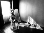  2girls absurdres collared_dress dress full_body greyscale highres indoors looking_at_another machihazure mary_janes monochrome multiple_girls original photo_background shoes short_hair veil window wooden_floor 