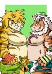  2019 anthro belly bottomwear bulge clothing duo felid hi_res hombretigre humanoid_hands hupi1008 magan male mammal moobs nipples overweight overweight_male pantherine shorts tiger tokyo_afterschool_summoners underwear video_games 