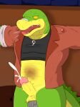 2024 alligator alligatorid anthro balls biped bodily_fluids brok_(brok_the_investigator) brok_the_investigator clothing cock_and_ball_torture crocodilian cum ejaculation erection genital_fluids genital_torture genitals green_body grey_body hi_res humanoid_hands male open_mouth penis reptile scalie shirt solo_focus squealers_chief sweat thqr37 topwear