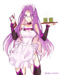  1girl alternate_costume apron breasts choker cleavage clipboard collarbone cowboy_shot cup detached_sleeves dress facial_mark fate/grand_order fate/stay_night fate_(series) forehead_mark glasses hip_vent izumi_minami large_breasts long_hair looking_at_viewer maid maid_apron maid_headdress medusa_(fate) medusa_(rider)_(fate) medusa_(rider)_(third_ascension)_(fate) open_mouth pen purple_eyes sketch solo strapless strapless_dress sweat teacup tray twitter_username very_long_hair white_background 