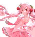  1girl aira_(exp) arms_behind_back bare_shoulders belt cherry_blossoms cherry_hair_ornament closed_mouth collared_shirt cowboy_shot detached_sleeves dot_nose floating_hair food-themed_hair_ornament from_side hair_between_eyes hair_ornament hatsune_miku headset highres long_hair long_sleeves looking_at_viewer loose_belt miniskirt necktie number_tattoo pink_hair pink_necktie pink_skirt pink_sleeves pleated_skirt red_eyes sakura_miku shirt sidelocks simple_background skirt smile solo tattoo twintails very_long_hair vocaloid white_background white_shirt 